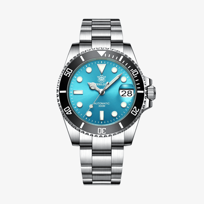 Muški Automatik Sat STEELDIVE SD1953 prikazan saprednje strane. Svetlo plavi brojcanik i metana narukvica