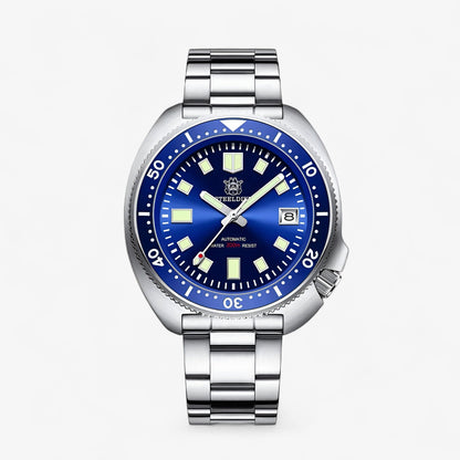 Prednji prikaz automatik sata STEELDIVE SD1970 sa plavim brojčanikom, čeličnim kućištem i metalnom narukvicom