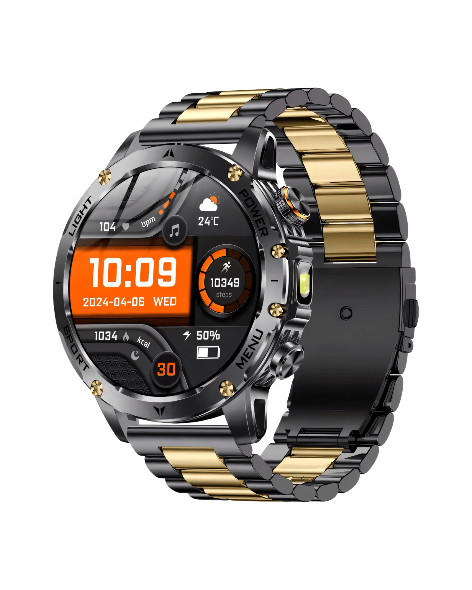Muški pametni sat AK87 Business Black/Gold – prednji prikaz sa crno-zlatnim kućištem i metalnom narukvicom