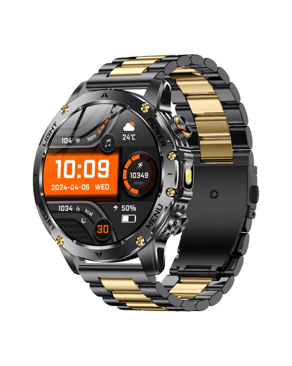 Muški pametni sat AK87 Business Black/Gold – prednji prikaz sa crno-zlatnim kućištem i metalnom narukvicom