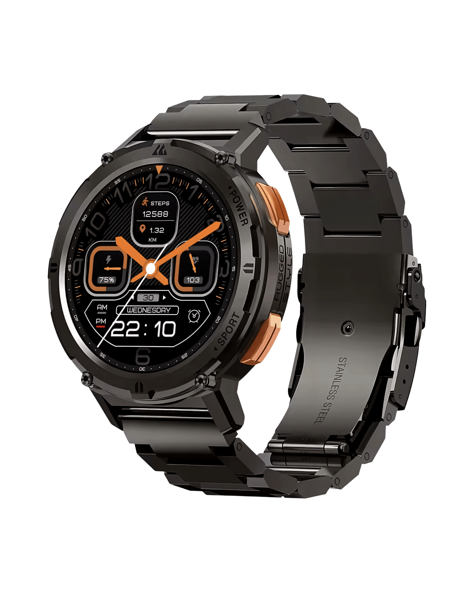 Muški pametni sat Kospet Tank T2 crni – prednja desna strana sa metalnom narukvicom