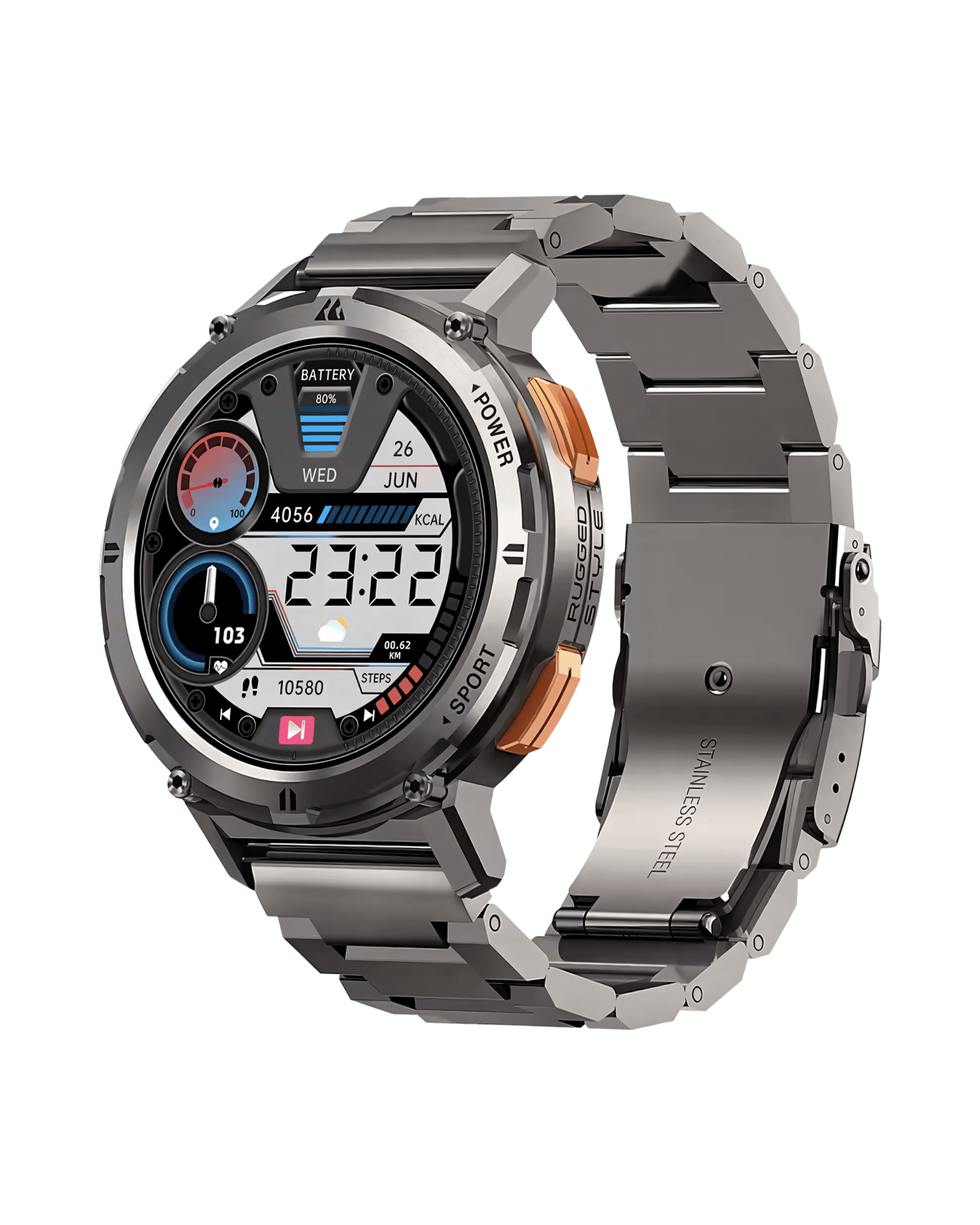 Kospet Tank T2 gunmetal pametni sat – desna bočna strana metalnog kućišta i aktivnog ekrana