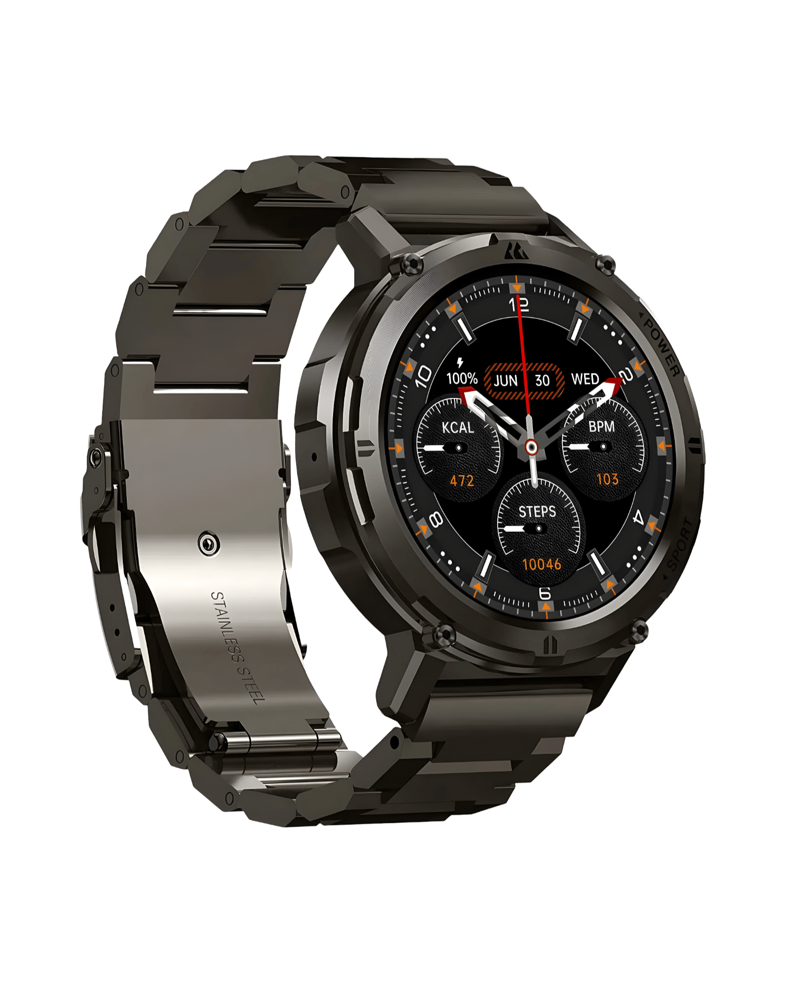 Kospet Tank T2 crni pametni sat – leva bočna strana sa metalnom narukvicom