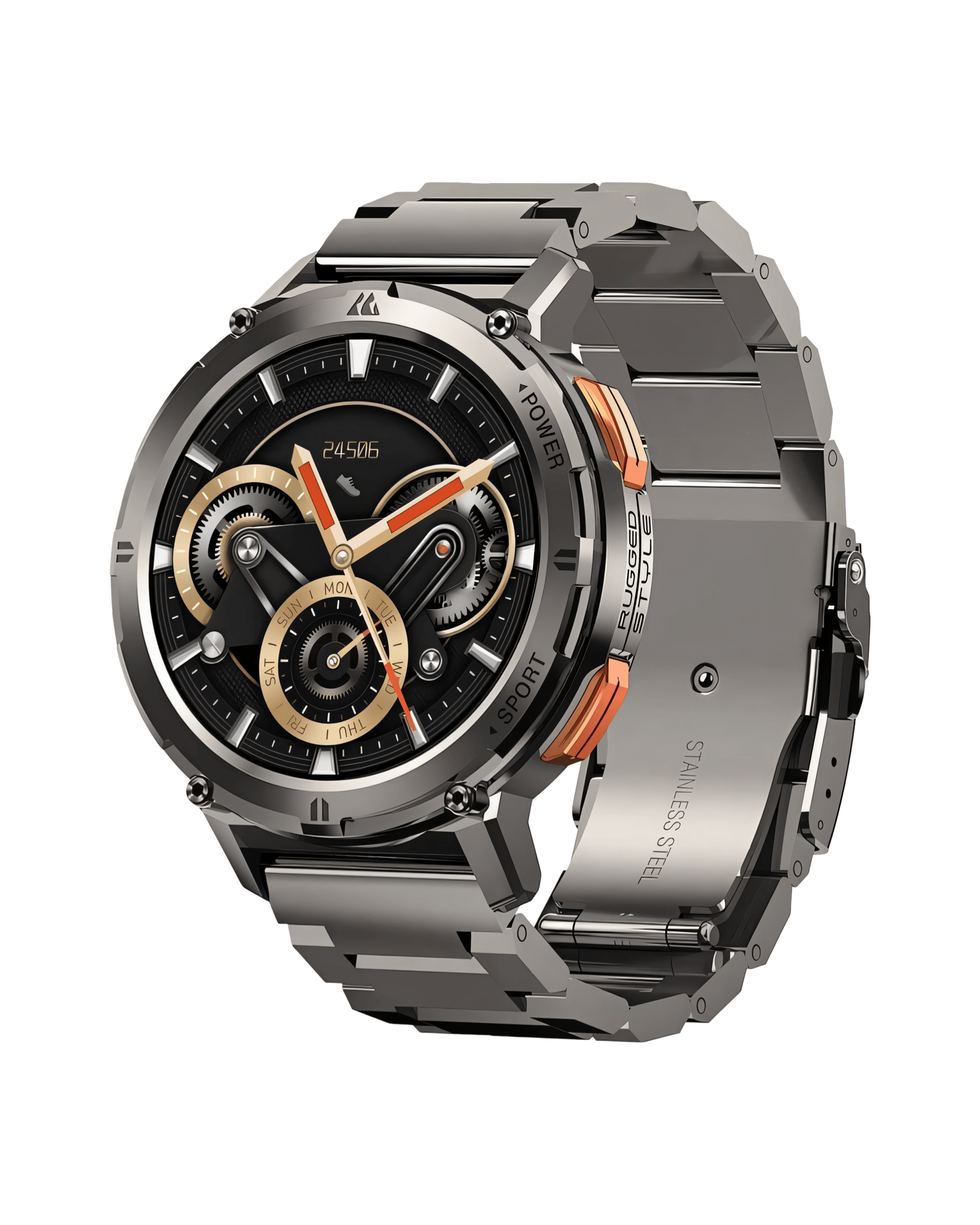 Muški pametni sat Kospet Tank T2 gunmetal – prednja desna strana, metalno kućište, aktivan ekran