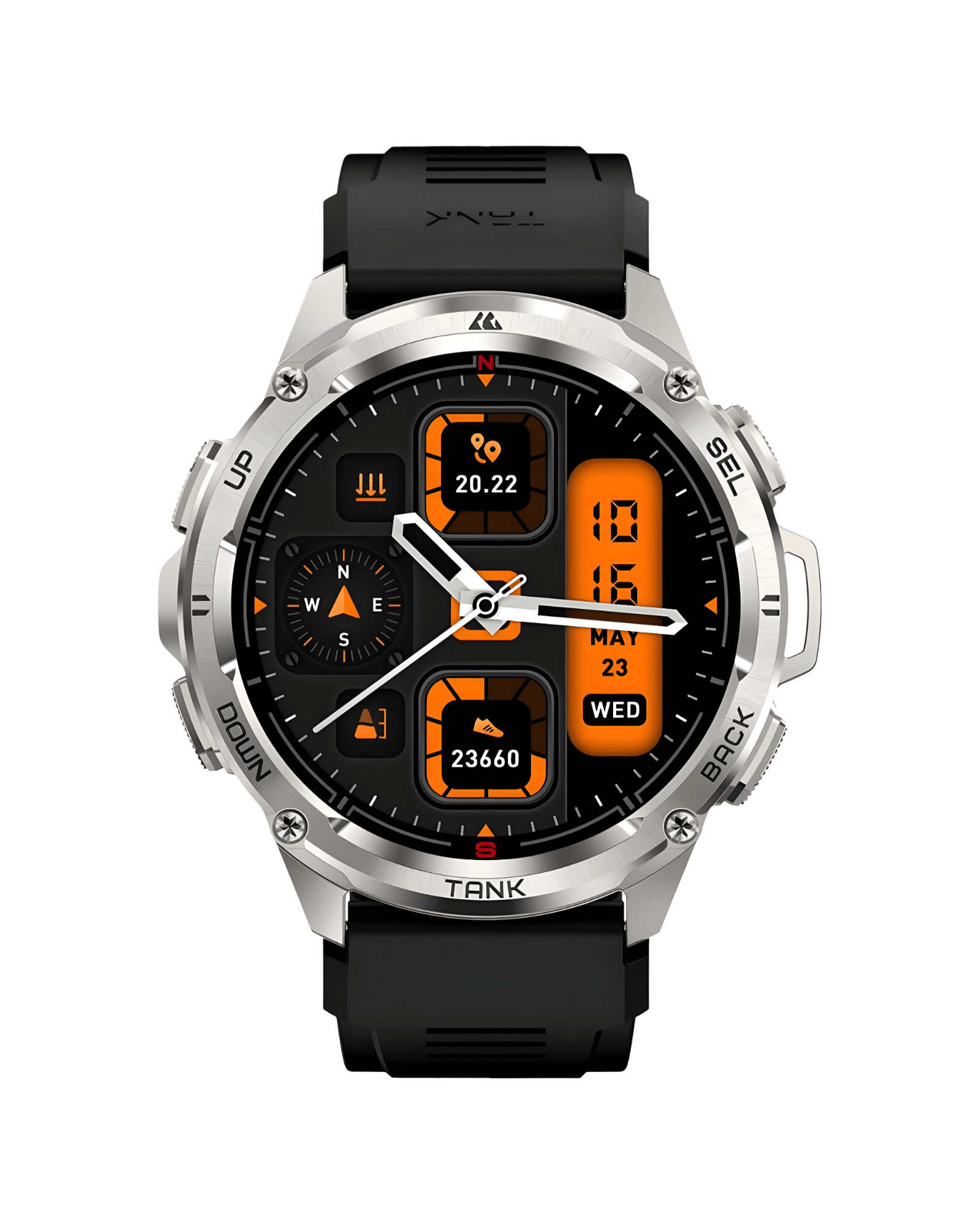 Prednja strana pametnog sata Kospet Tank T3 Ultra sa aktivnim AMOLED ekranom, srebrnim čeličnim kućištem i crnom silikonskom narukvicom