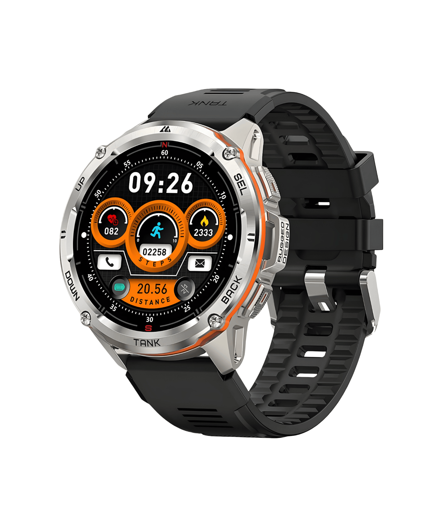 Detalj desne strane pametnog sata Kospet Tank T3 Ultra sa metalnim kućištem otpornim na udarce i crnom silikonskom narukvicom