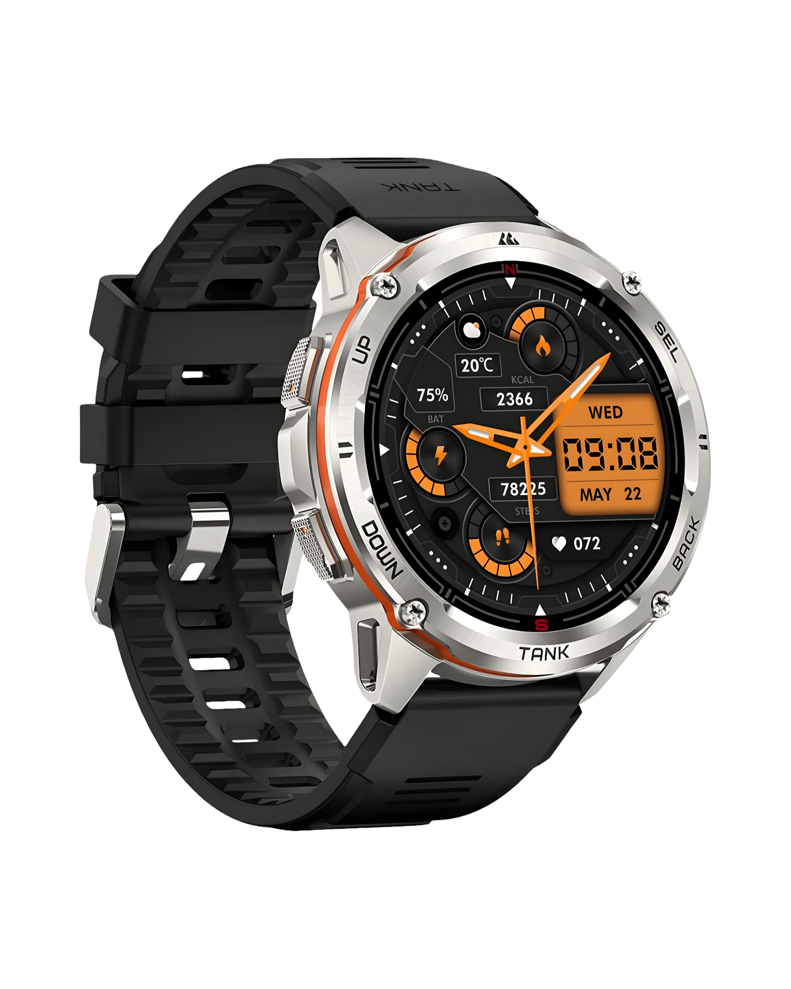 Leva bočna strana pametnog sata Kospet Tank T3 Ultra sa srebrnim metalnim kućištem i sportskim rugged dizajnom