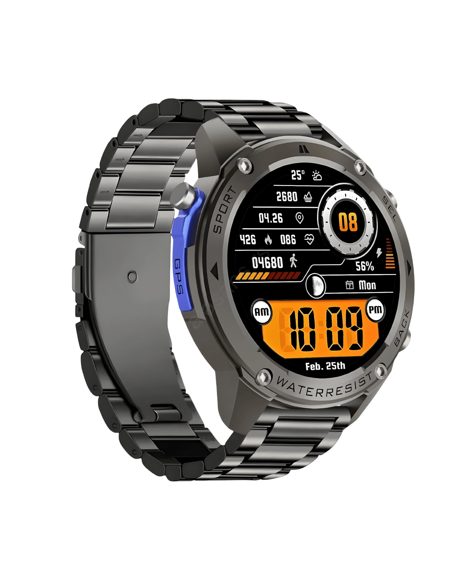 Bočni prikaz leve strane pametnog sata Military DM56 Metal Black sa premium metalnom narukvicom