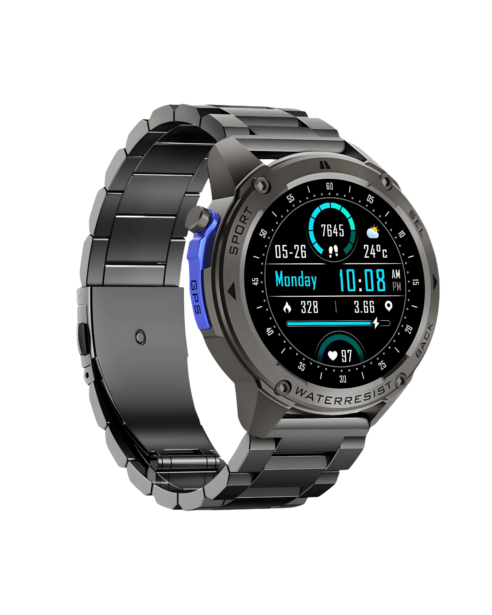 Leva bočna strana pametnog sata Military DM56 Metal Black sa metalnom narukvicom i čvrstim čeličnim kućištem