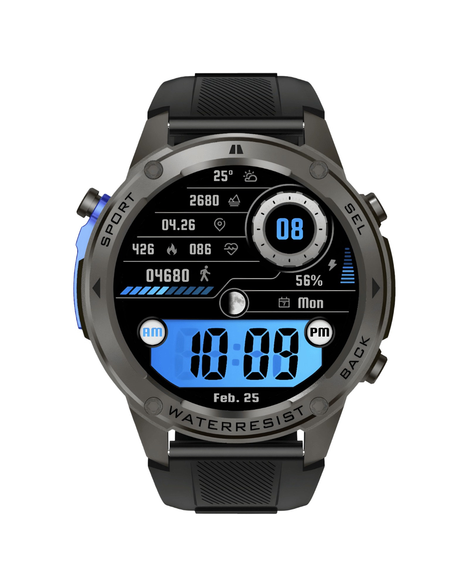 Prednji prikaz pametnog sata Military DM56 Metal Black sa uključenim ekranom i crnom silikonskom narukvicom