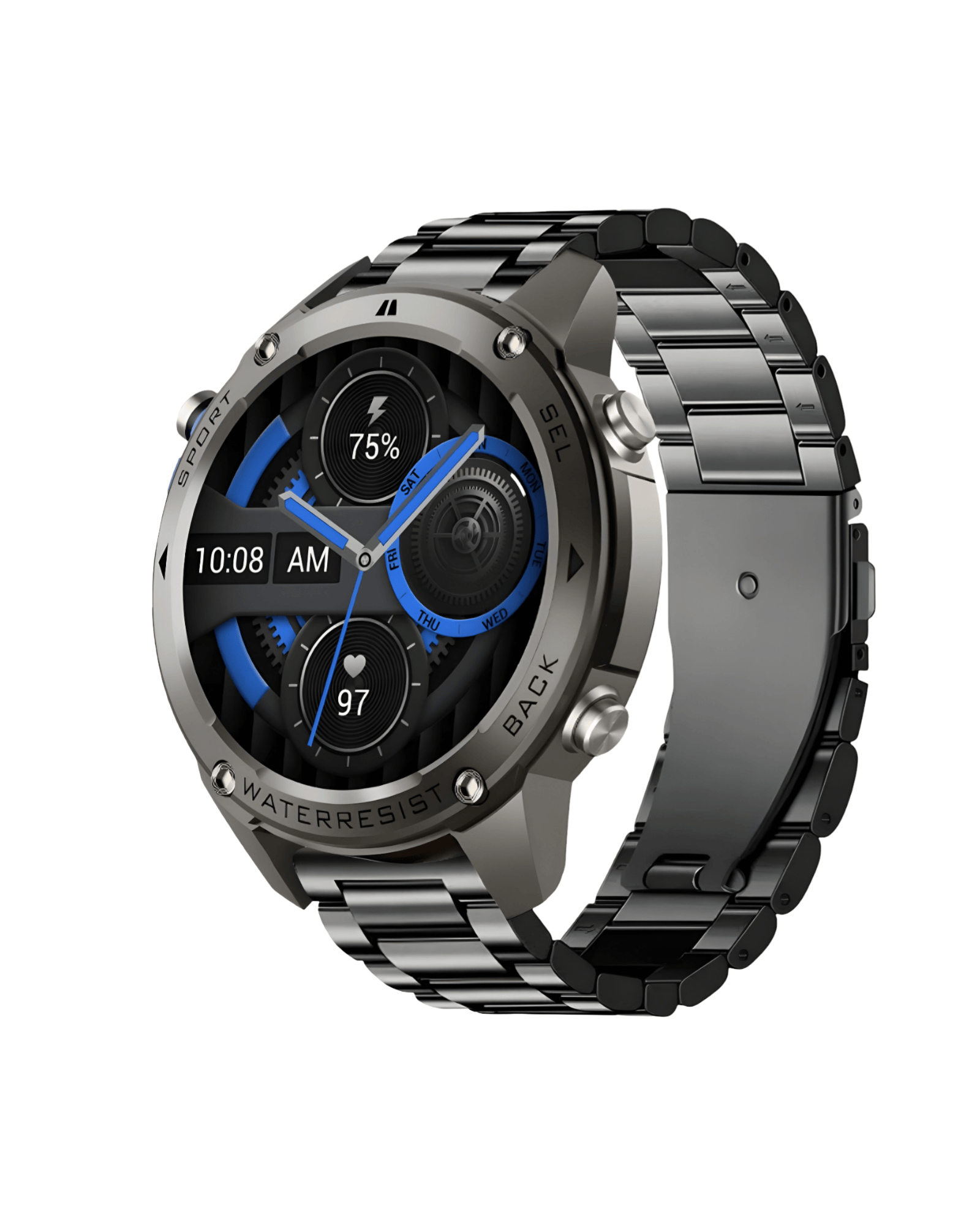 Desna bočna strana pametnog sata Military DM56 Metal Black sa metalnom narukvicom i izraženim komandnim dugmadima