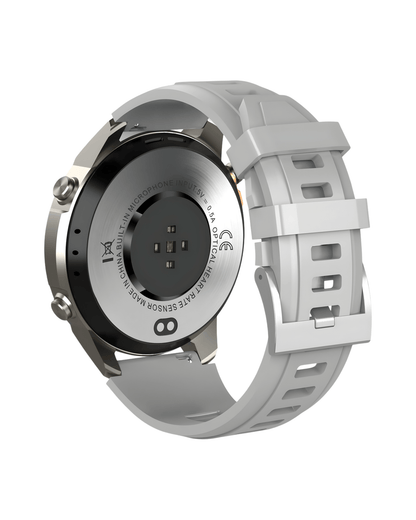 Zadnja strana pametnog sata Military DM56 sa integrisanim senzorima i sivom silikonskom narukvicom
