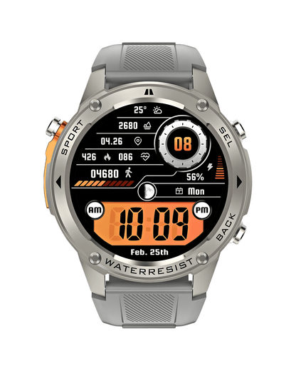 Prednja strana pametnog sata Military DM56 sa aktivnim AMOLED ekranom, metalnim kućištem i sivom silikonskom narukvicom