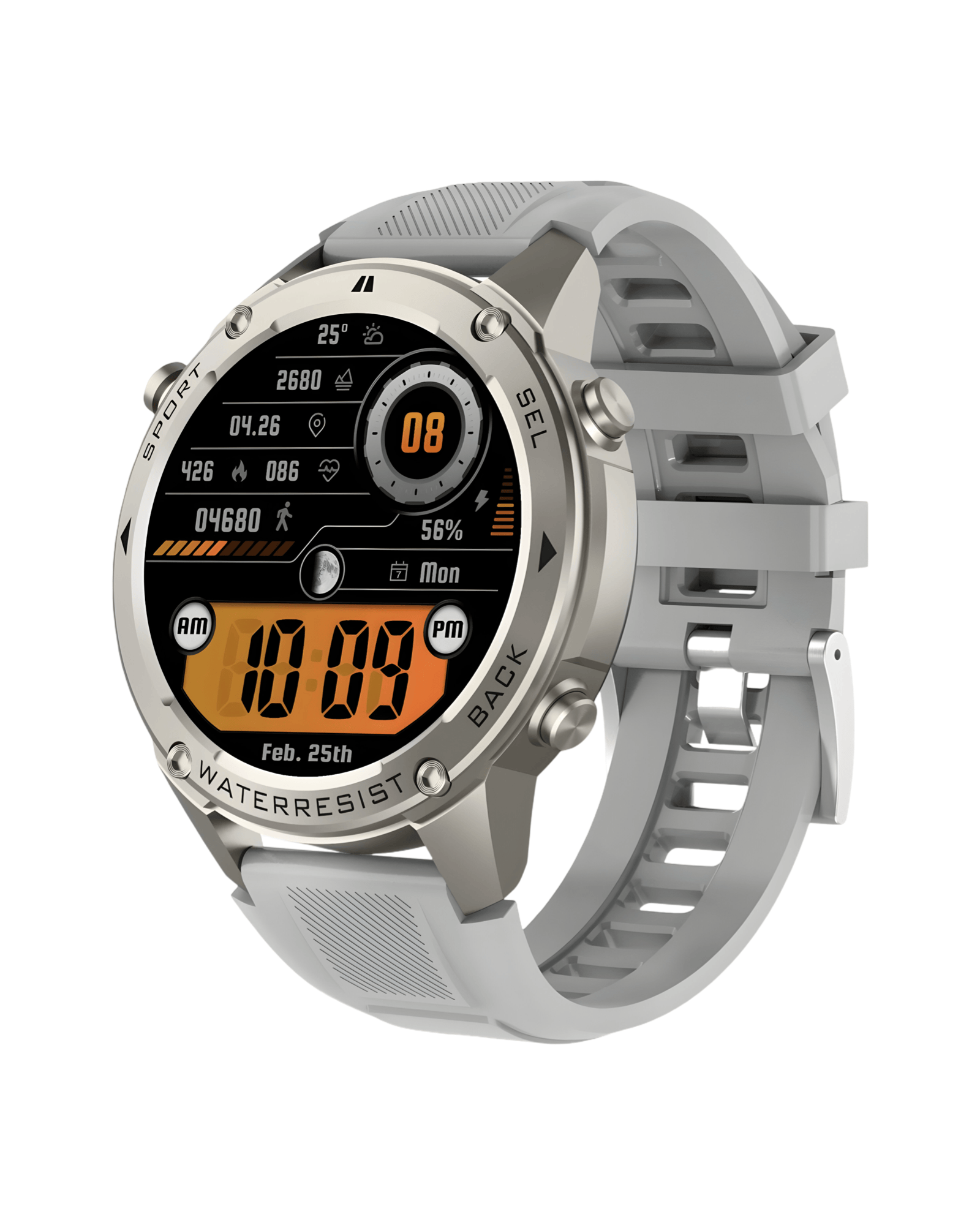 Desna bočna strana pametnog sata Military DM56 sa metalnim kućištem, izraženim kontrolnim dugmadima i sivom silikonskom narukvicom