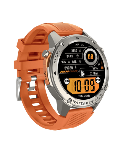 Leva bočna strana pametnog sata Military DM56 Metal Orange sa čvrstim srebrnim kućištem i narandžastom silikonskom narukvicom