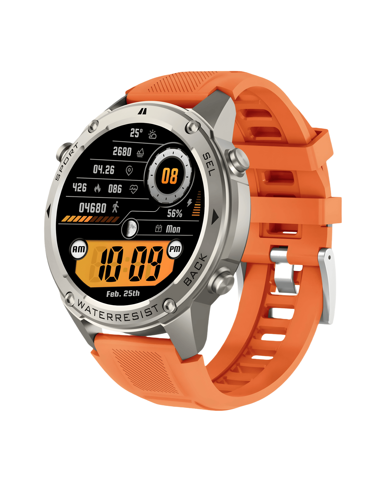 Desna bočna strana pametnog sata Military DM56 Metal Orange sa izraženim dugmadima i narandžastom silikonskom narukvicom