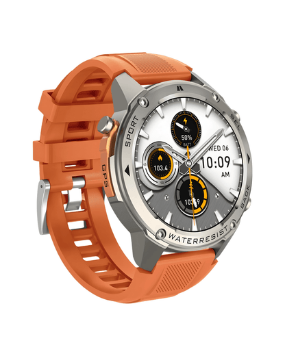 Detalj leve bočne strane pametnog sata Military DM56 Metal Orange sa metalnim srebrnim kućištem i silikonskom narukvicom