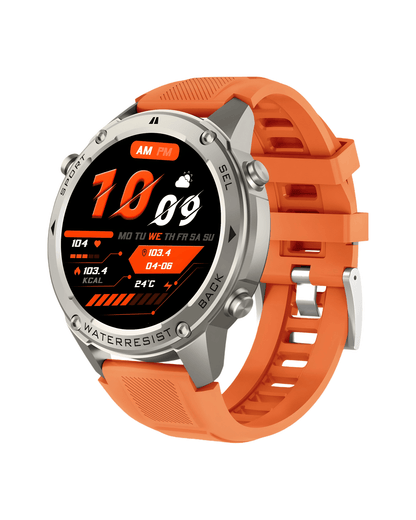 Desna bočna strana pametnog sata Military DM56 Metal Orange sa srebrnim metalnim kućištem, komandnim dugmadima i narandžastom silikonskom narukvicom
