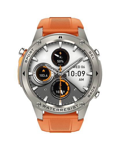 Prednji prikaz pametnog sata Military DM56 Metal Orange sa uključenim ekranom i narandžastom silikonskom narukvicom