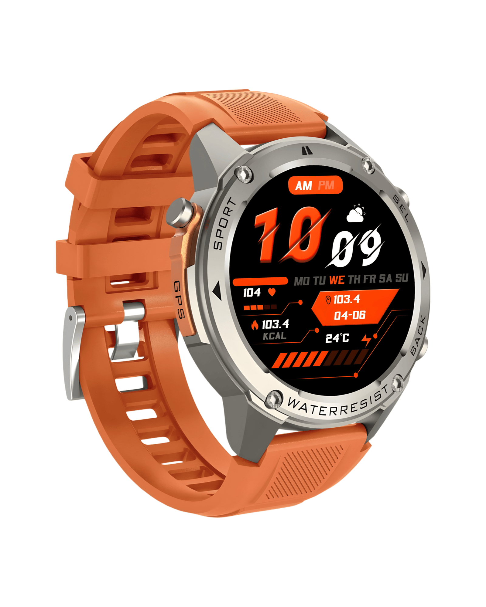 Leva bočna strana pametnog sata Military DM56 Metal Orange sa robusnim srebrnim kućištem i narandžastom silikonskom narukvicom