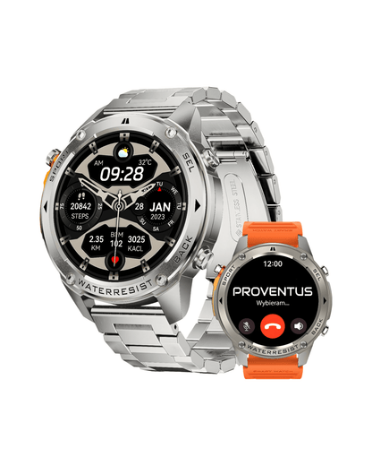 Desna bočna strana pametnog sata Military DM56 Metal Orange sa srebrnim kućištem, metalnom i narandžastom silikonskom narukvicom – prikaz mogućnosti zamene