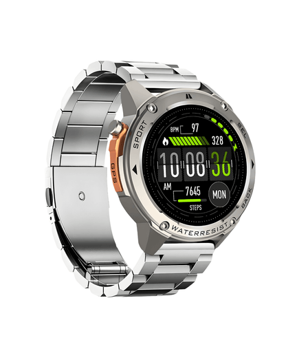 Leva bočna strana pametnog sata Military DM56 Metal Orange sa srebrnim metalnim kućištem i metalnom narukvicom