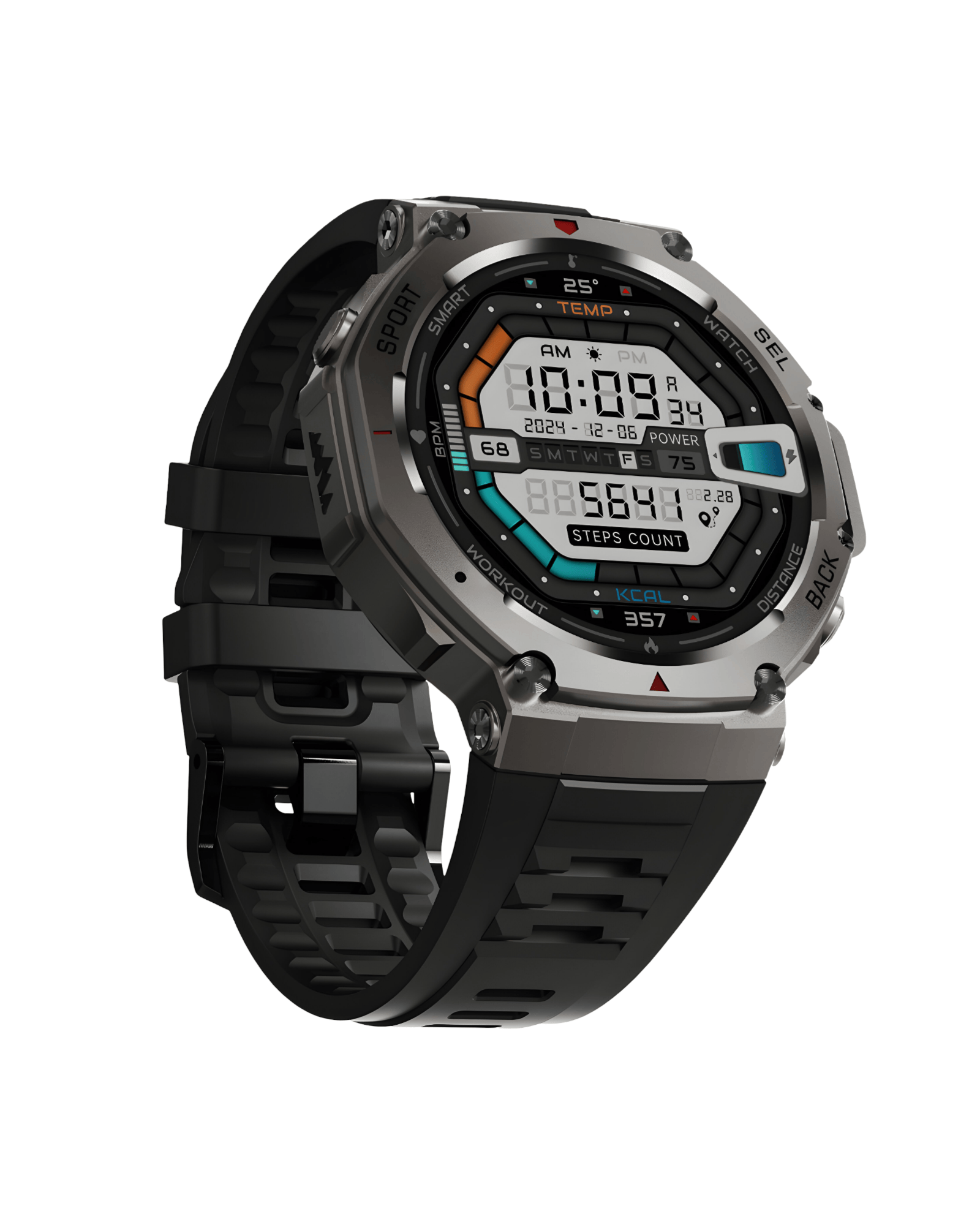 Military DM58 Black pametni sat – desni bočni prikaz kućišta i silikonske narukvice