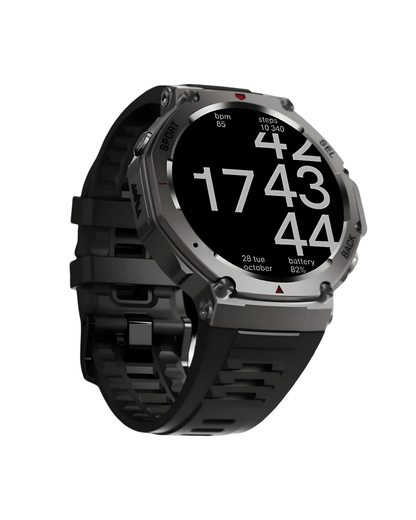 Pametni sat Military DM58 Black – desna strana sata sa čeličnim kućištem i silikonskom narukvicom