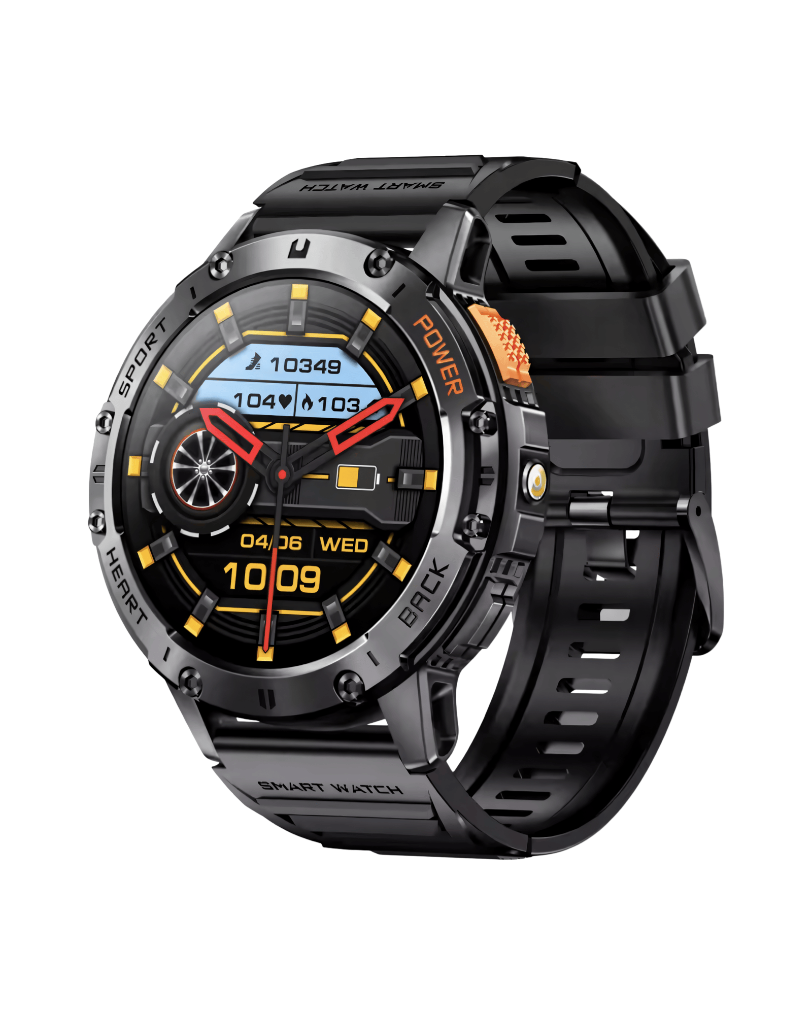 Muški pametni sat Military K65 Black – prednja strana sa crnom gumenom narukvicom i aktivnim ekranom