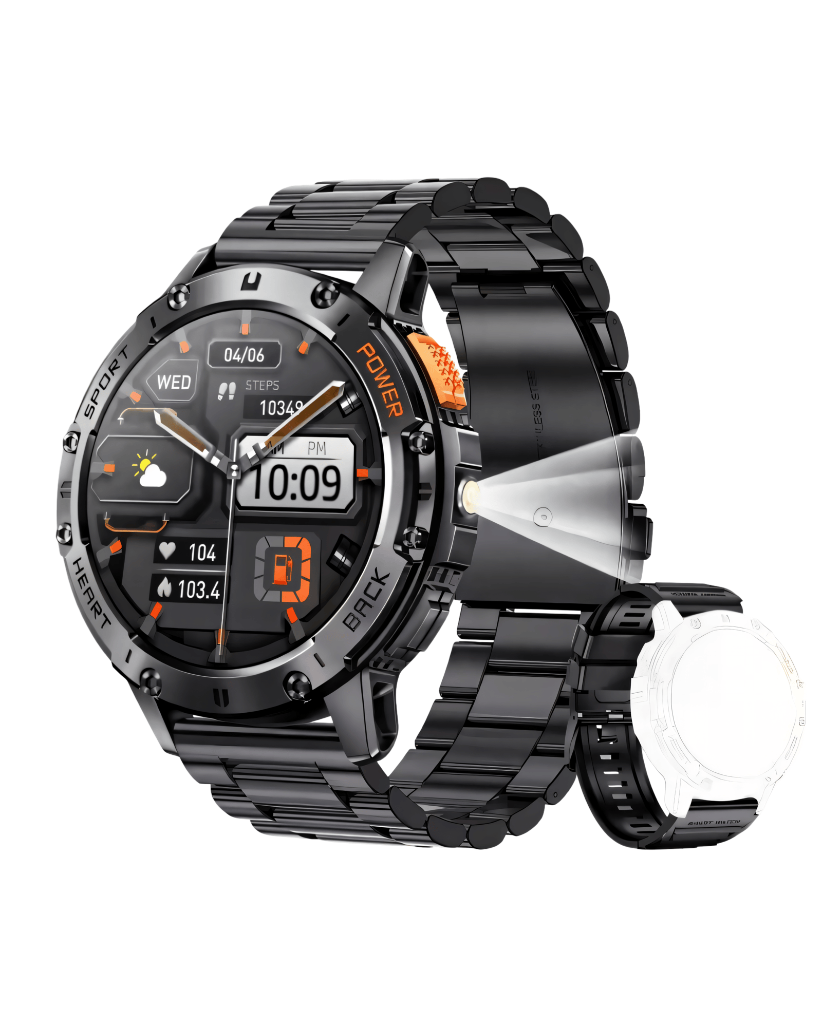 Muški pametni sat Military K65 Black – prednja strana sa crnom metalnom narukvicom i AMOLED ekranom