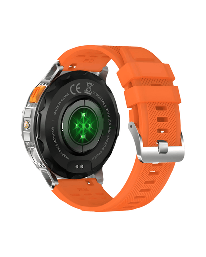 Muški pametni sat Military K65 Orange – zadnja strana kućišta sa senzorima i narandžastom silikonskom narukvicom