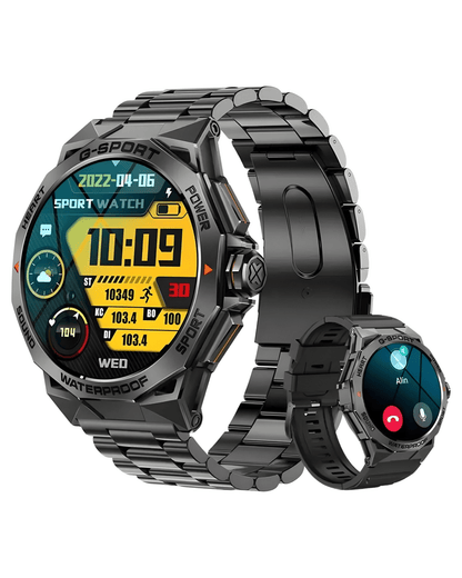 Prikaz prednje strane kucista, metale  i silikonske narukvice muskog pametnog sata Military NX12 Metal ⌚️