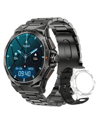 Prikaz prednje strane kucista i metale narukvice muskog pametnog sata Military NX12 Metal ⌚️