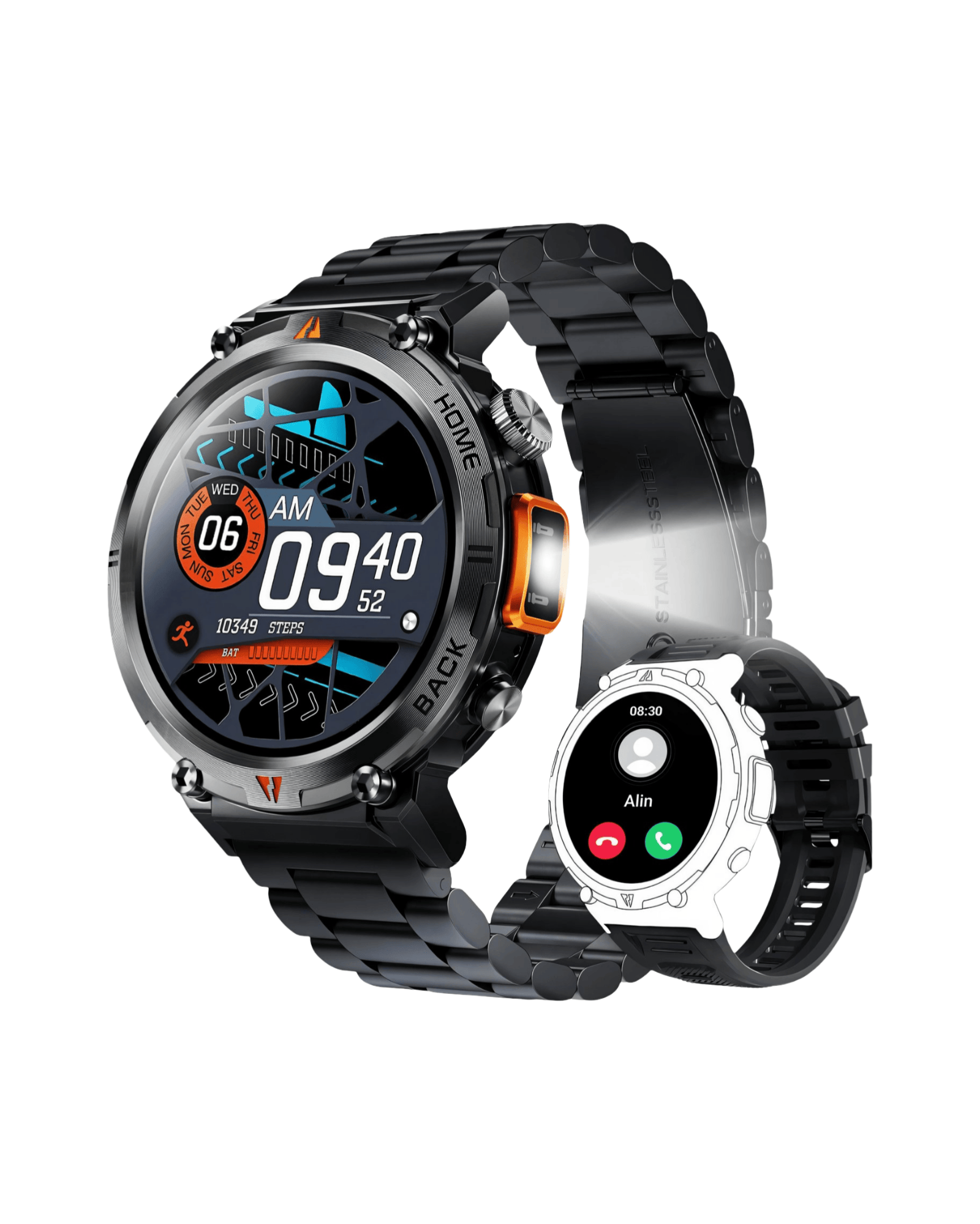 Muški pametni sat Military NX21 Metal Black sa metalnom narukvicom, silikonska dodatna narukvica, prednji prikaz ekrana i LED lampe