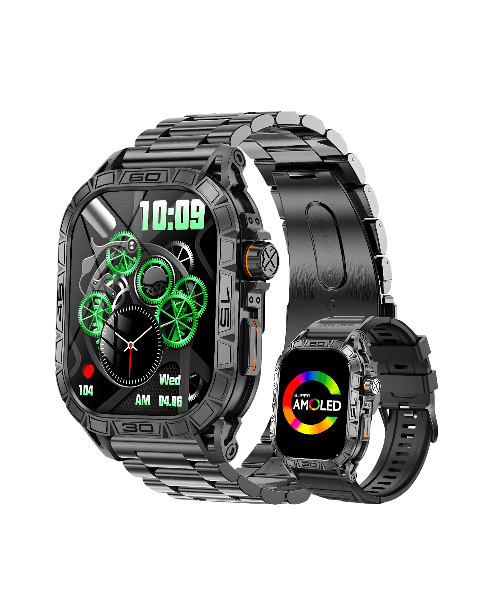 Muški pametni sat Military Panter V Black – prednja strana sa metalnom i silikonskom narukvicom