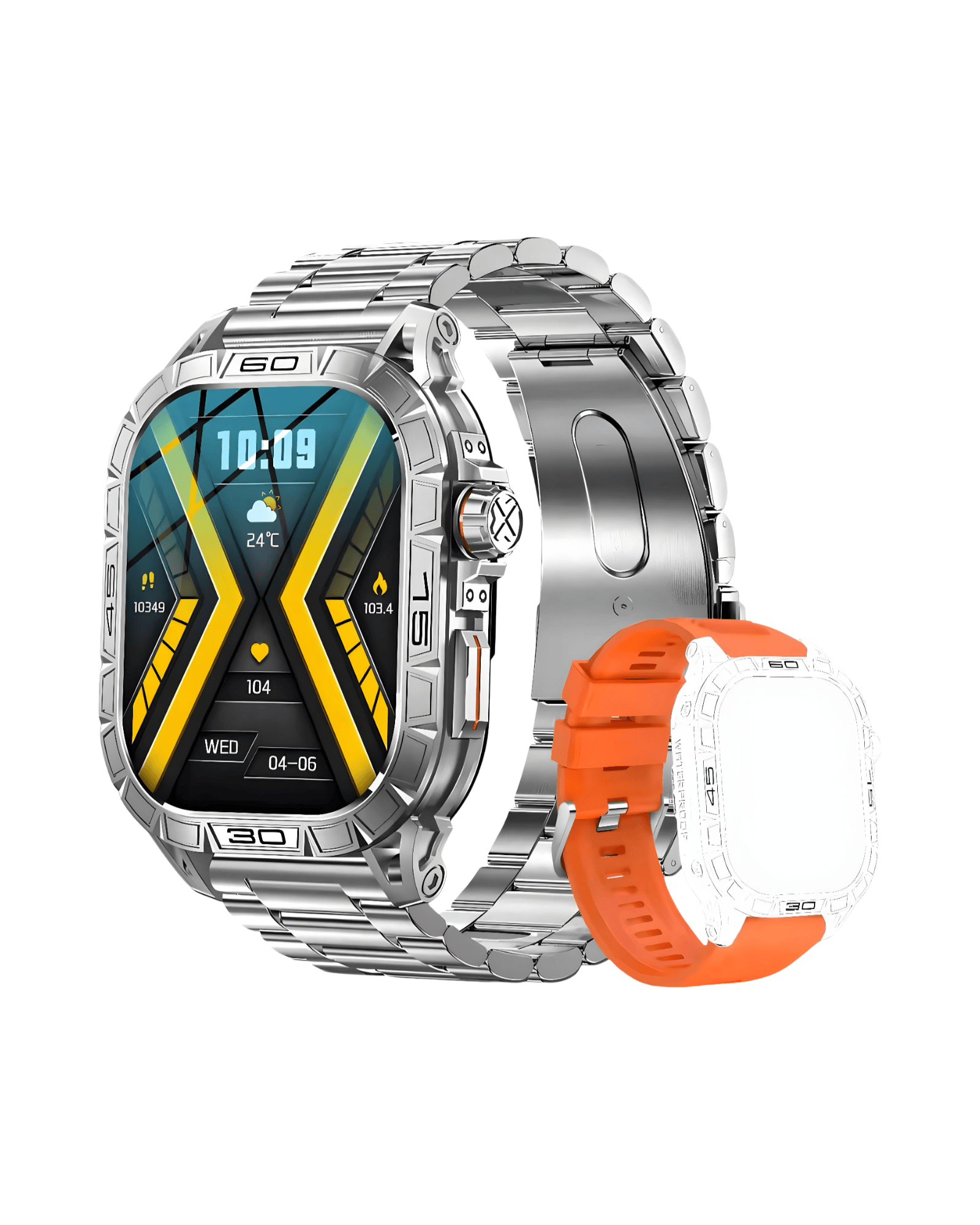 Muški pametni sat Military Panter V Silver sa srebrnim metalnim kućištem, desni bočni prikaz sa metalnom i narandžastom silikonskom narukvicom