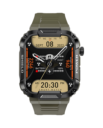 Military SHIELD IV Green pametni sat – prednji prikaz ekrana sa zelenom silikonskom narukvicom, sportski dizajn