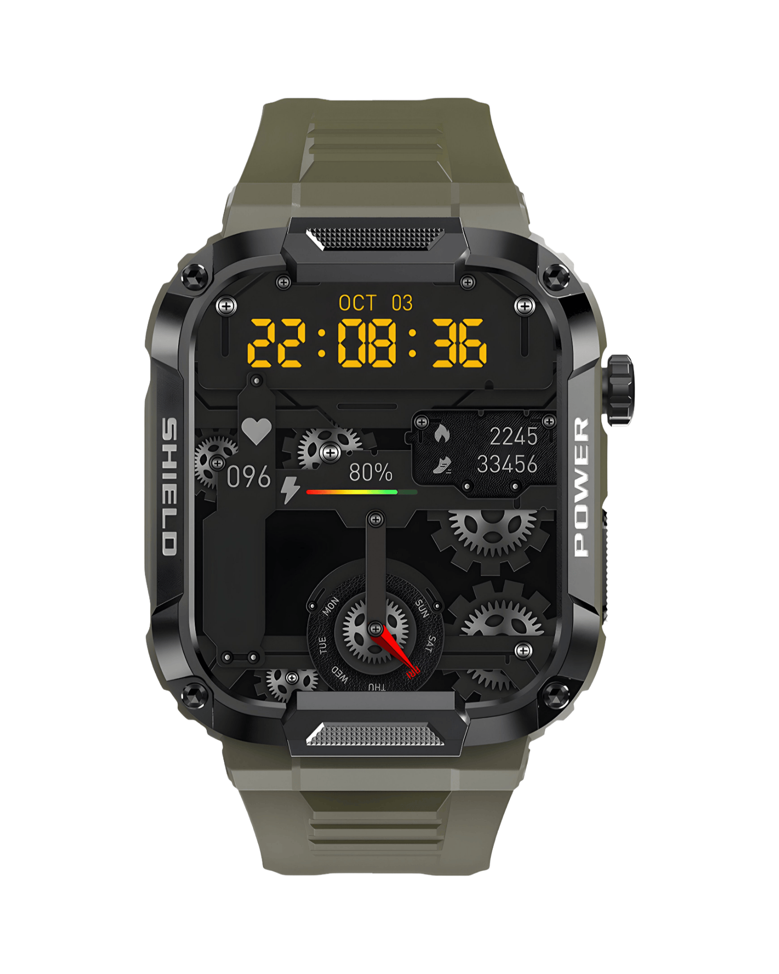 Muški pametni sat Military SHIELD IV Green – prednja strana sa aktivnim ekranom i zelenom silikonskom narukvicom