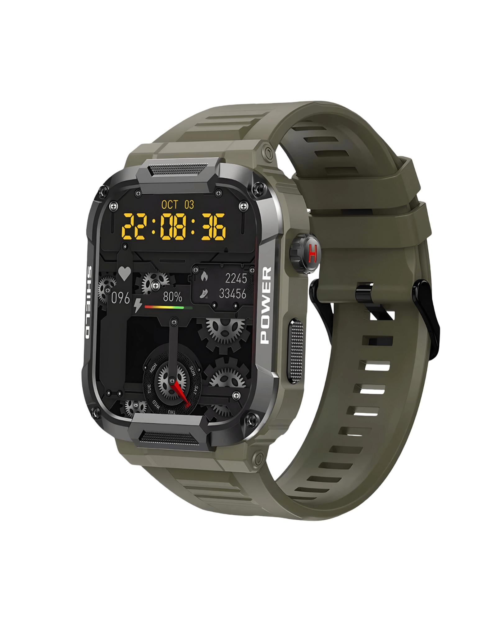 Muški pametni sat Military SHIELD IV Green – desna bočna strana kućišta sa zelenom silikonskom narukvicom
