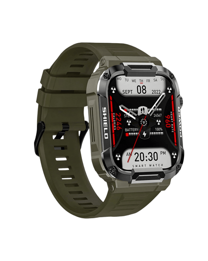 Muški pametni sat Military SHIELD IV Green – leva bočna strana metalnog kućišta sa zelenom silikonskom narukvicom