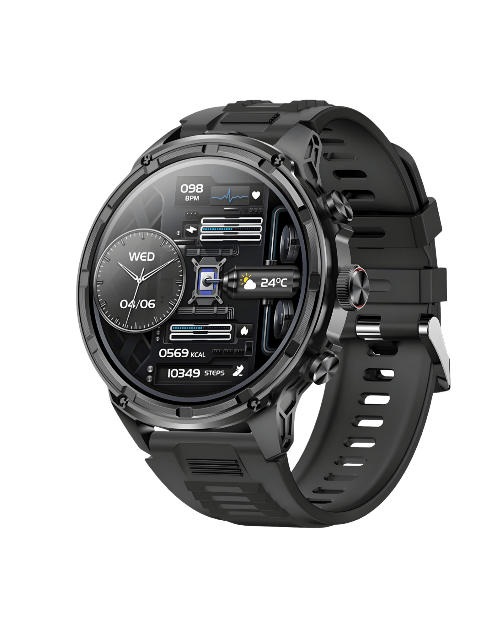 Muški pametni sat Military V99 Black – desna bočna strana kućišta sa crnom silikonskom narukvicom, masivan dizajn