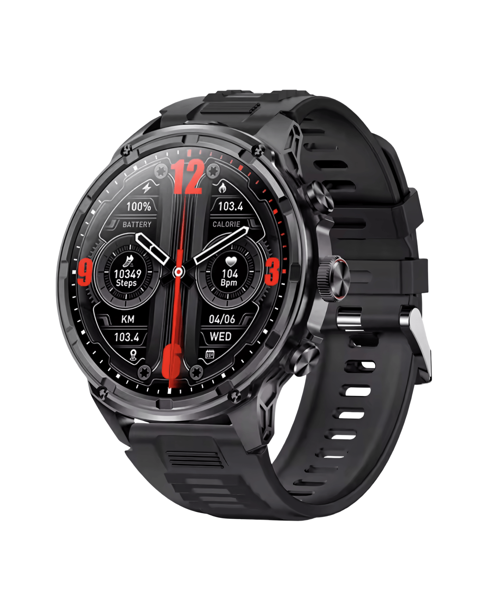 Muški pametni sat Military V99 Black – desna bočna strana crnog kućišta sa crnom silikonskom narukvicom i aktivnim ekranom