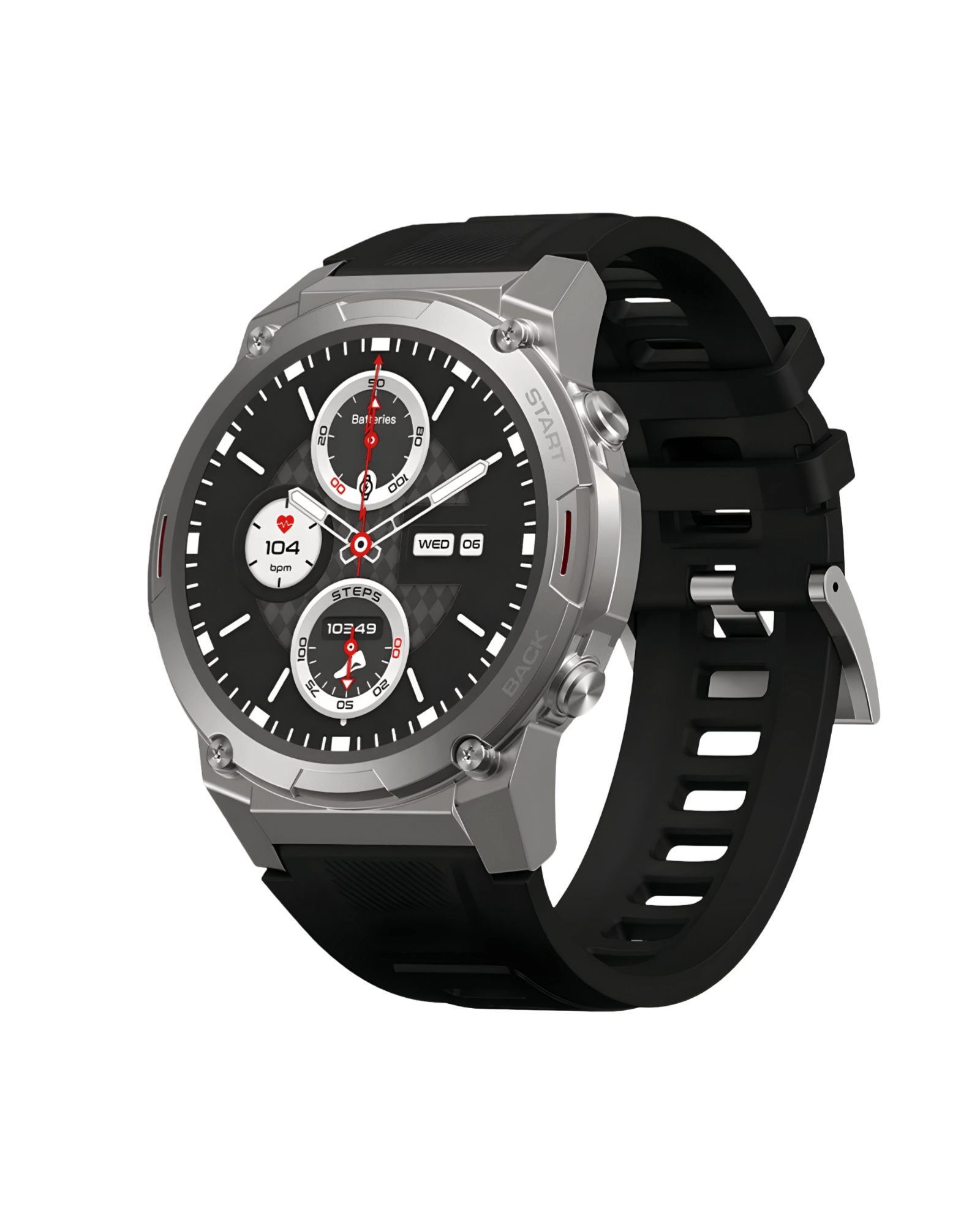 Muški pametni sat Sport Vibe 7 Pro Silver – desna bočna strana kućišta sa kontrolnim dugmetima i crnom silikonskom narukvicom