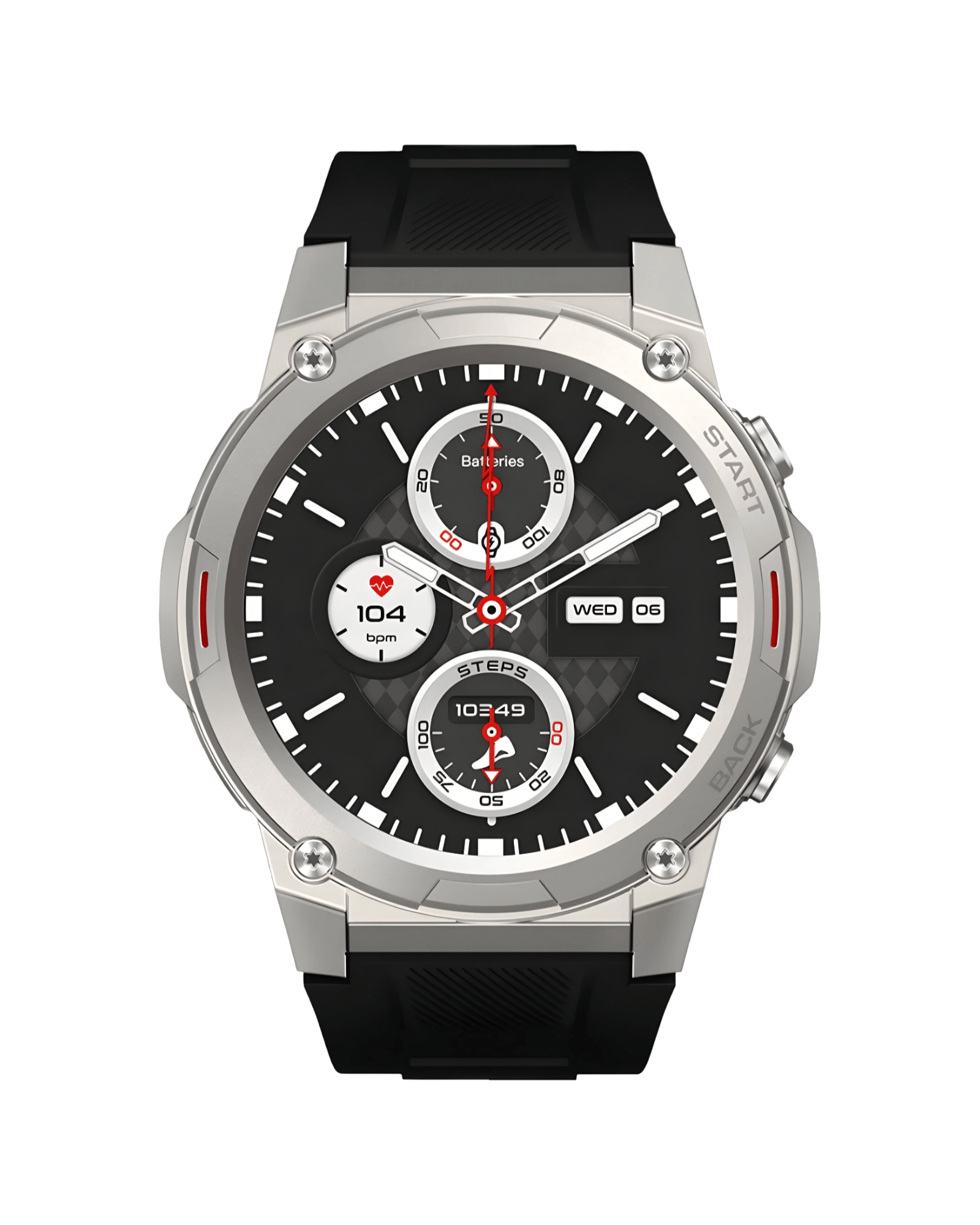 Sport Vibe 7 Pro Silver pametni sat – prednja strana srebrnog metalnog kućišta i aktivnog ekrana