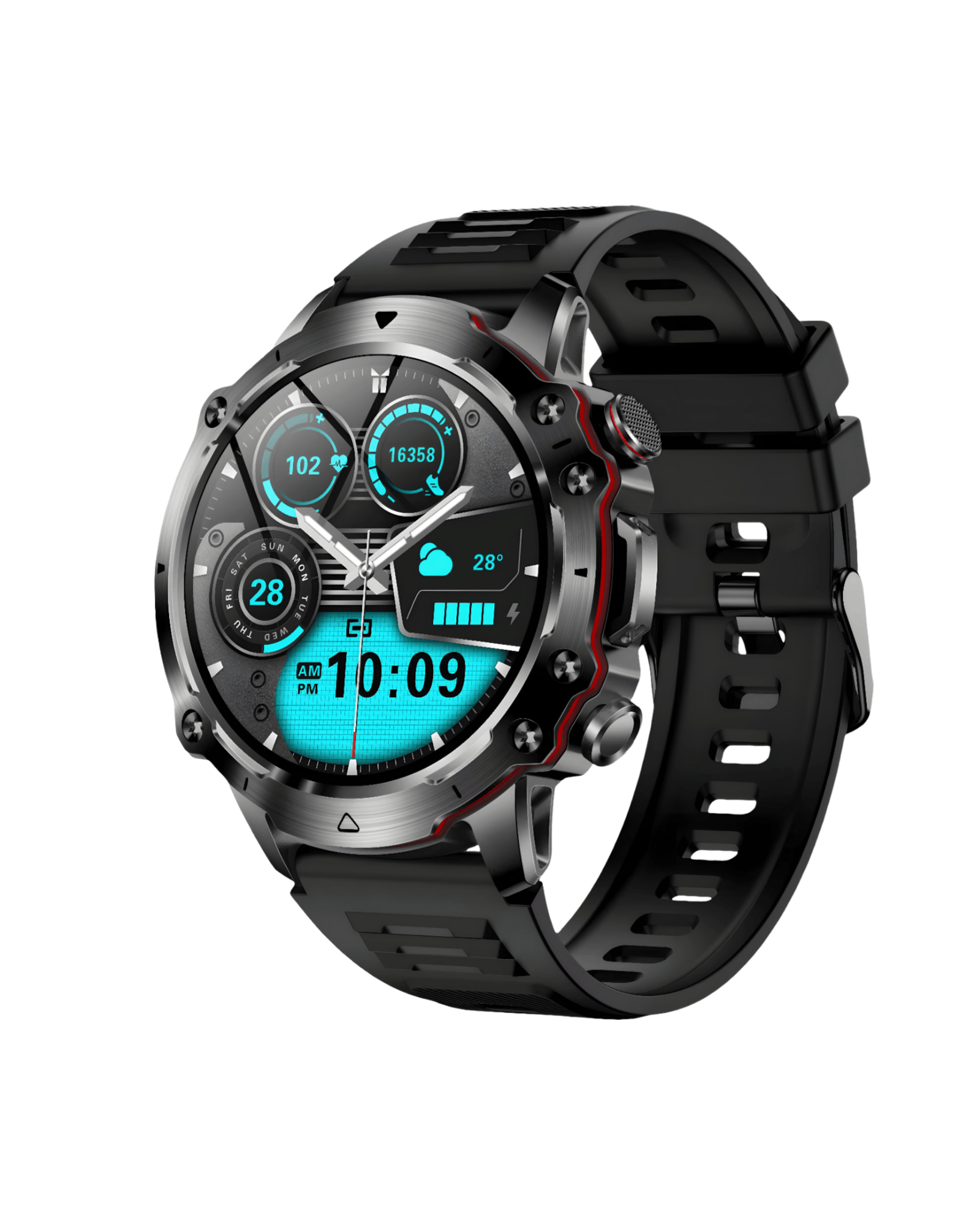 Detalj desne bočne strane pametnog sata SQM Ultra Black sa izraženim dugmadima i crnom silikonskom narukvicom