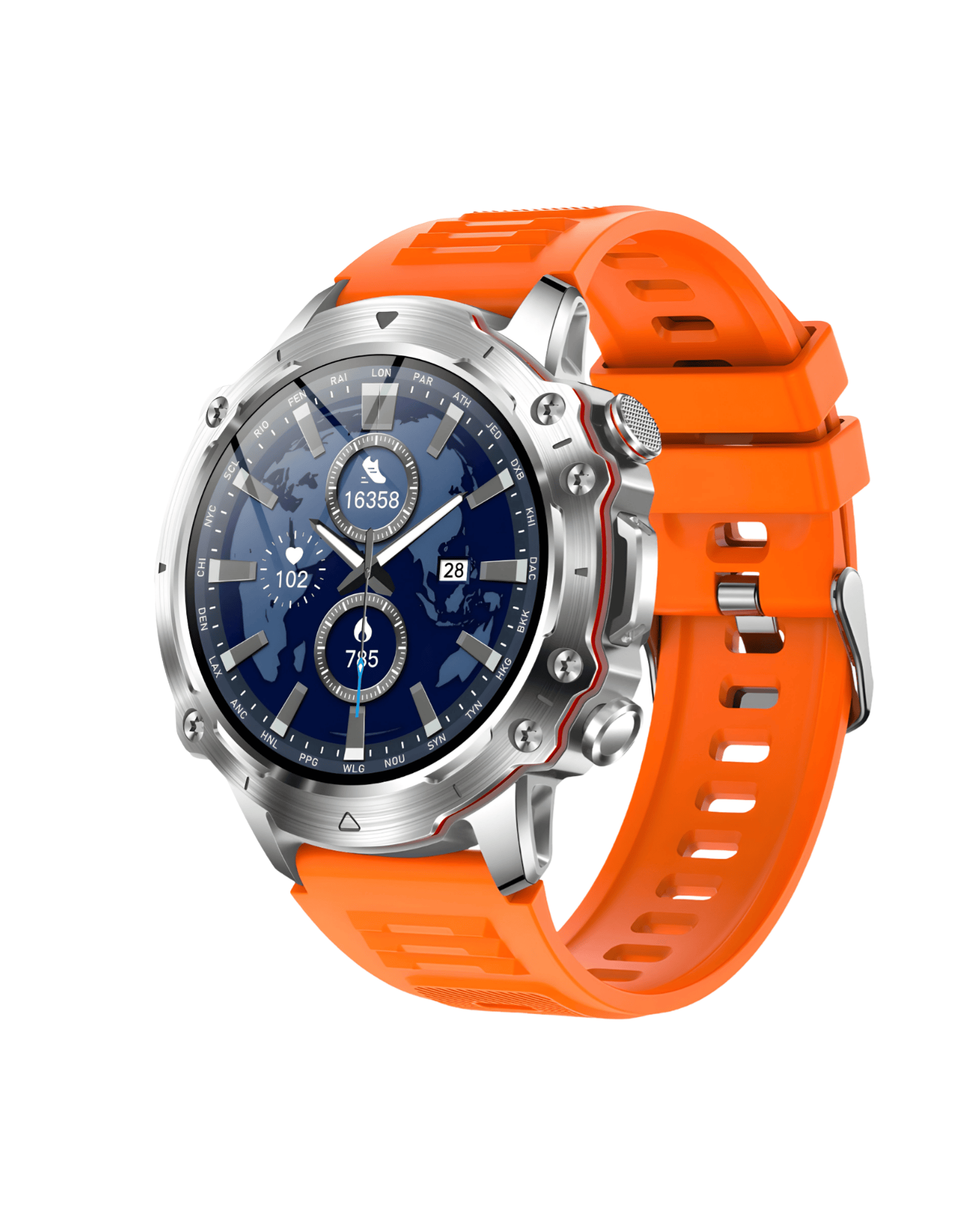 Detalj desne bočne strane pametnog sata SQM Ultra Orange sa srebrnim metalnim kućištem i narandžastom narukvicom