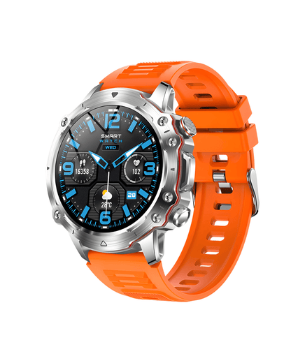 Bočni prikaz desne strane pametnog sata SQM Ultra Orange sa aktivnim ekranom i sportskom narandžastom silikonskom narukvicom
