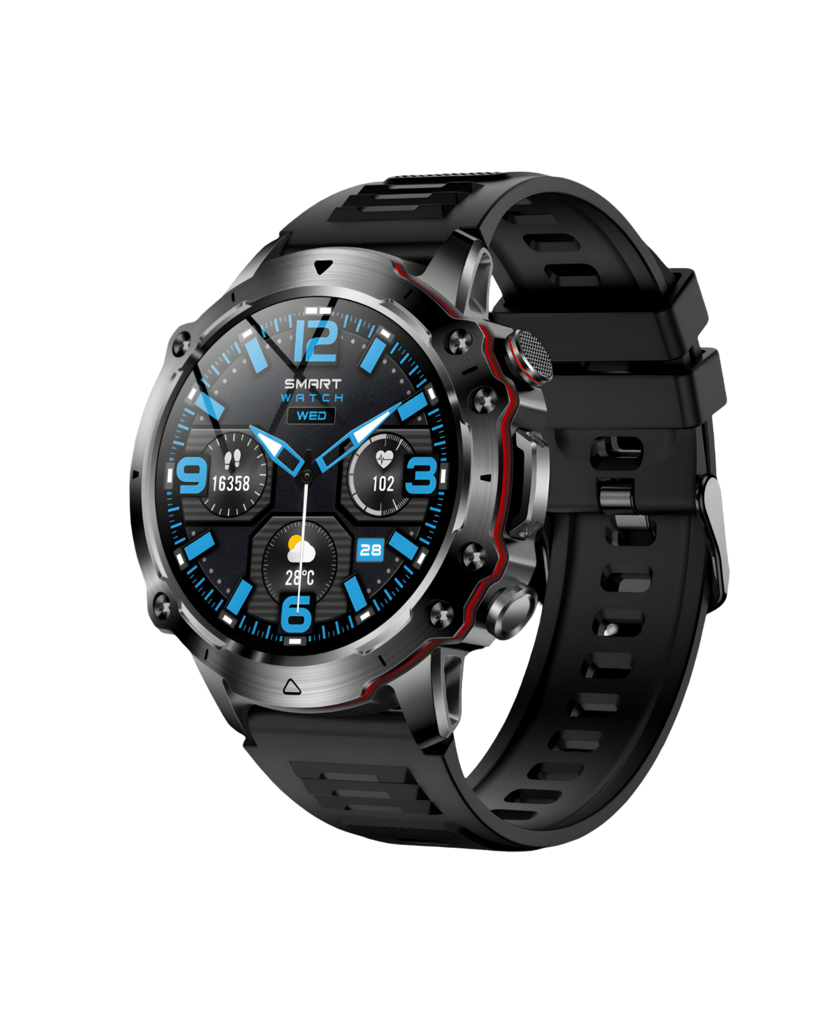 Bočni prikaz desne strane pametnog sata SQM Ultra Black sa robusnim crnim kućištem i sportskom silikonskom narukvicom