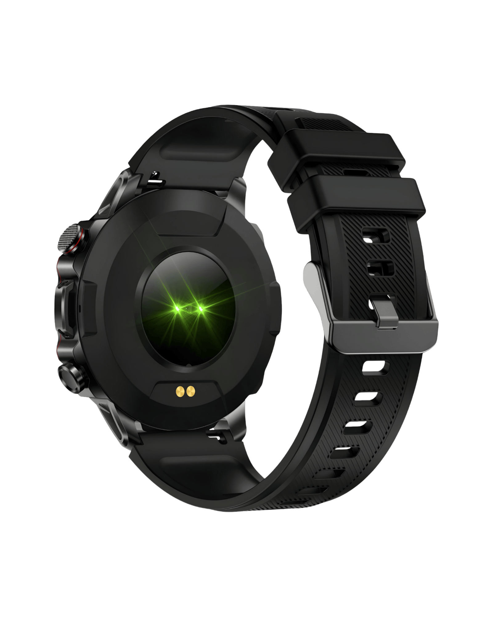 Zadnja strana pametnog sata SQM Ultra Black sa senzorima za praćenje zdravlja i crnom silikonskom narukvicom