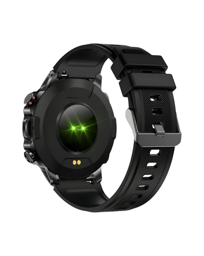 Zadnja strana pametnog sata SQM Ultra Black sa senzorima za praćenje zdravlja i crnom silikonskom narukvicom